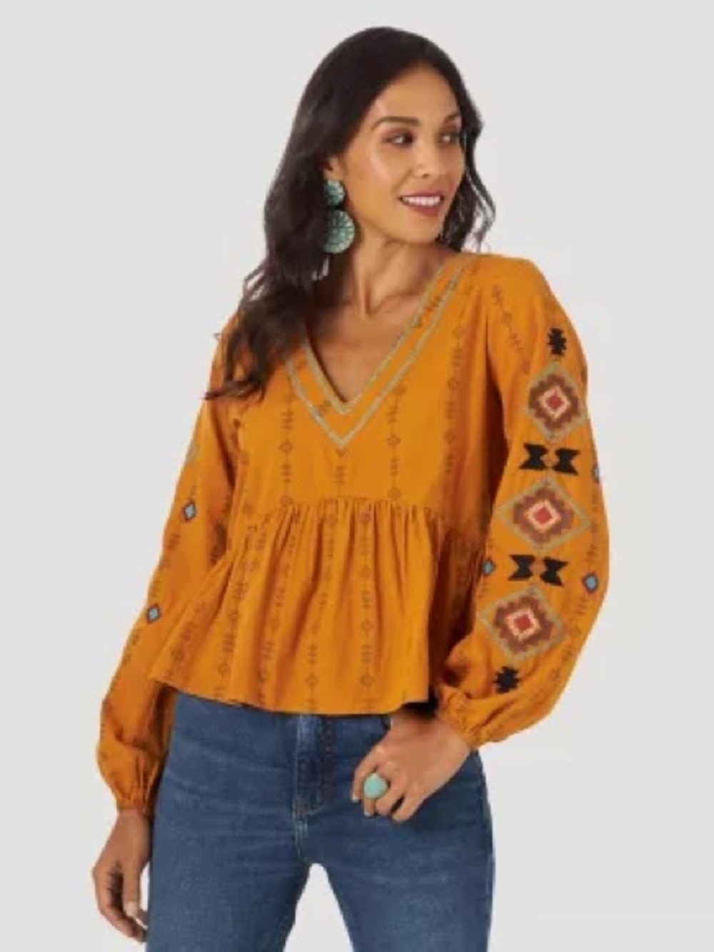 Wrangler Retro Embroidered V-Neck Peasant Top - Mustard